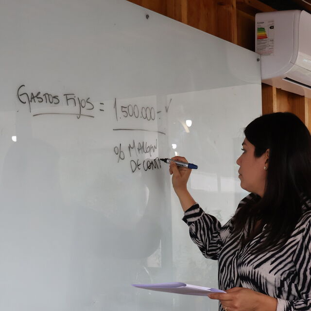 María José escribiendo el cálculo de Gastos Fijos en la pizarra durante un taller